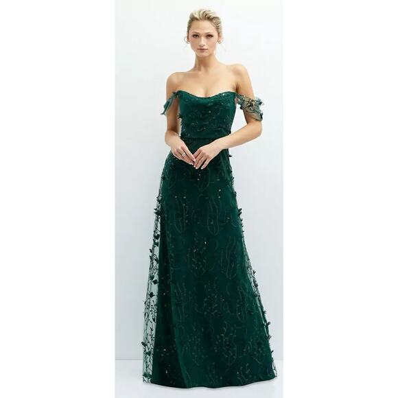 Dessy Collection NWT 3D Embroidered Off Shoulder Green Dress Formal Cocktail 0 - Picture 1 of 8